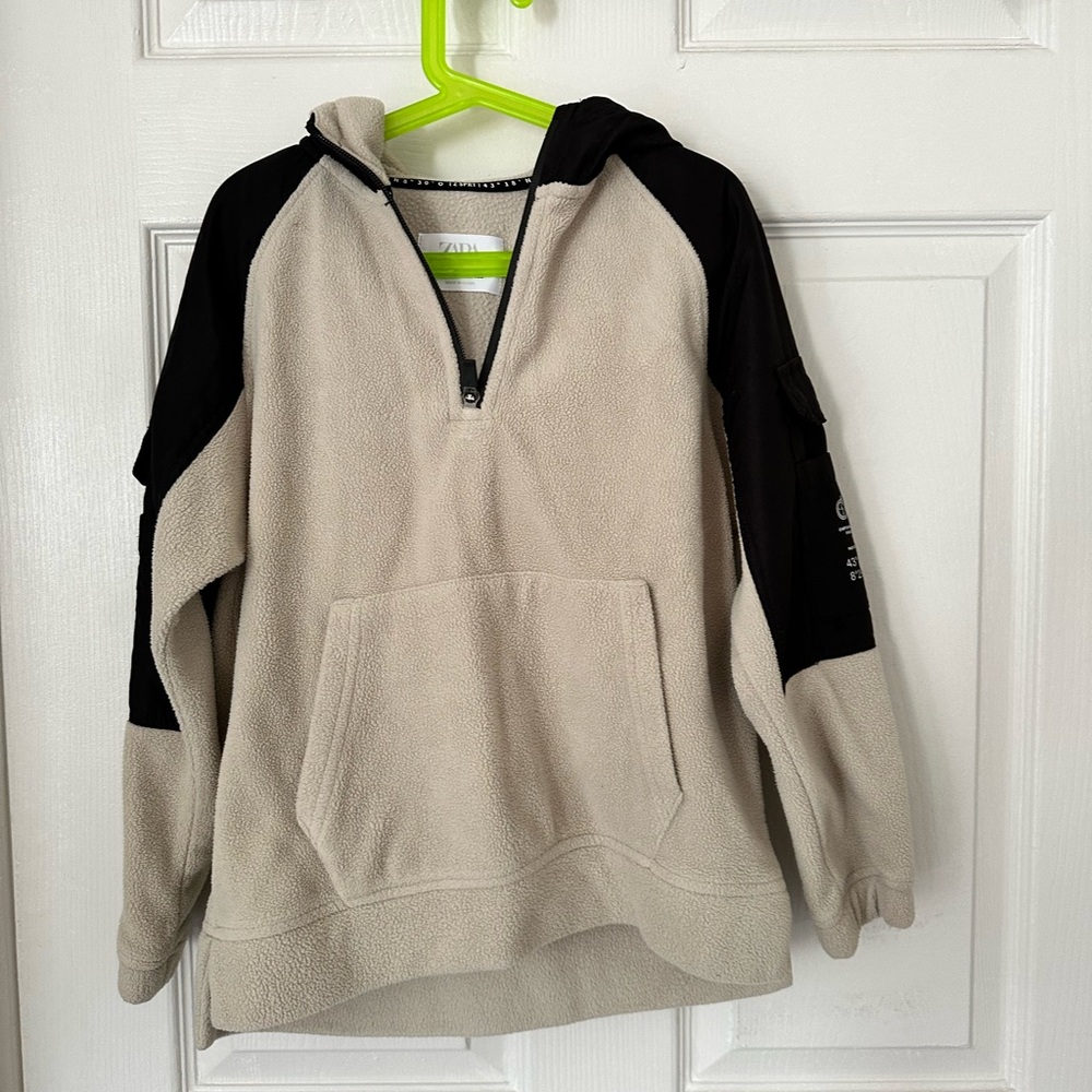 Beige and Black Half-Zip Fleece Hoodie